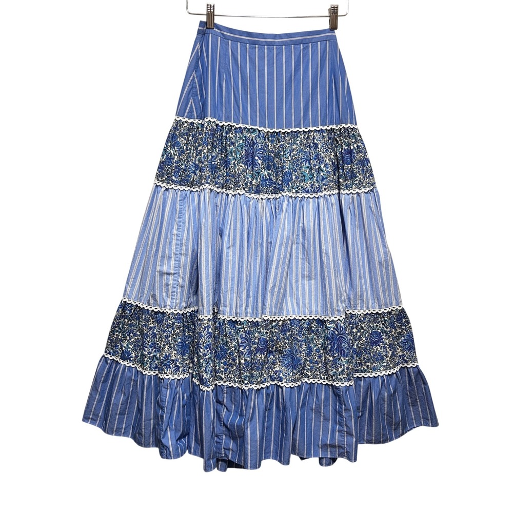 Sandro Womens Cottagecore Boho Tiered Maxi Skirt 38 Blue Floral Stripe Lace Trim